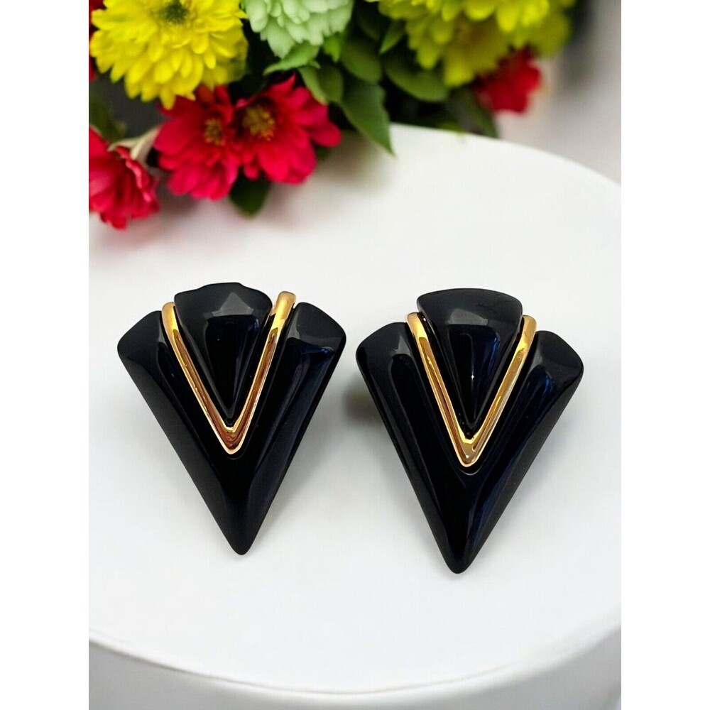 Vintage 1980s Napier Large Black Lucite Earrings Gold Tone Accent Pierced - 5F
